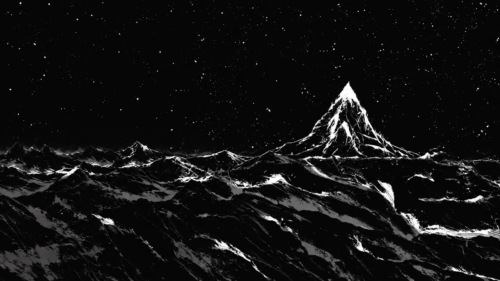 Black and white winter mountains, with a snowy peak and rocky ridges stretching across the horizon